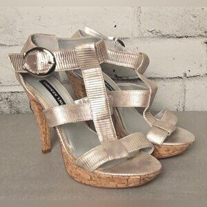 Chinese Laundry Metallic Silver Strappy Cork Platform Heels Size 7.5